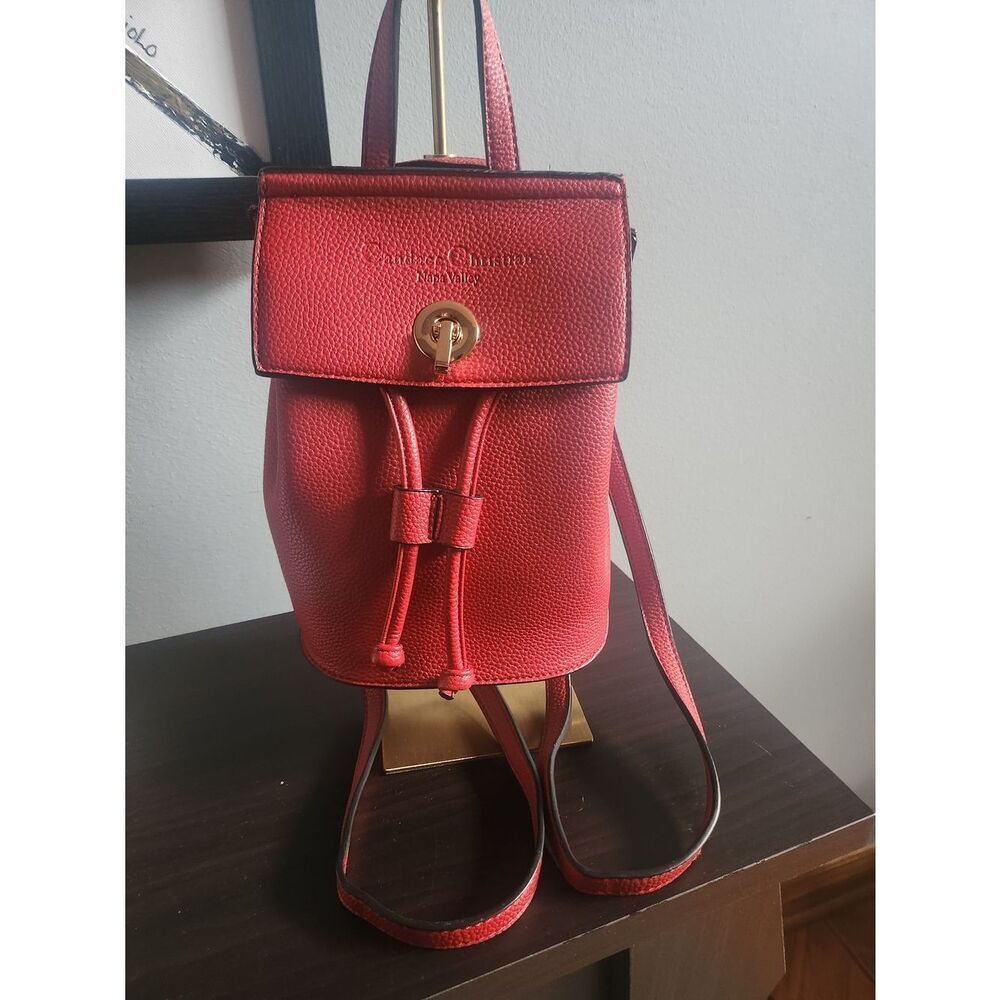 Red Pebble Leather Drawstring Mini Backpack with Gold Hardware